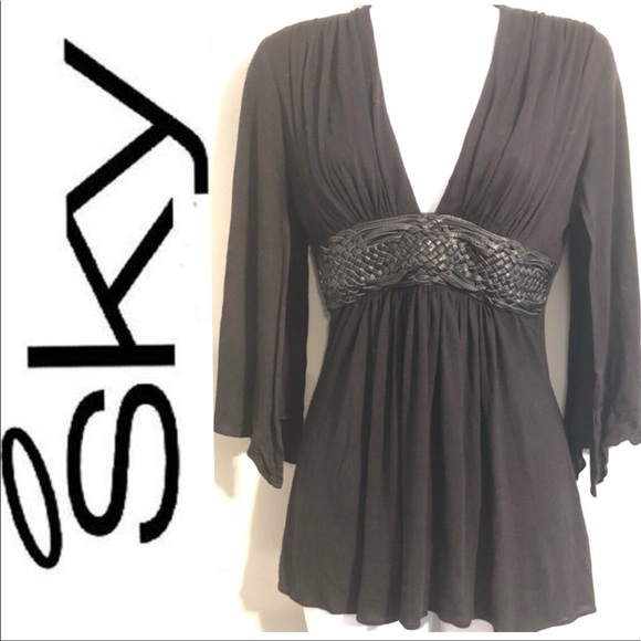 Sky Tops - SKY Low Cut Flutter Sleeve Leather Belt Detail Top